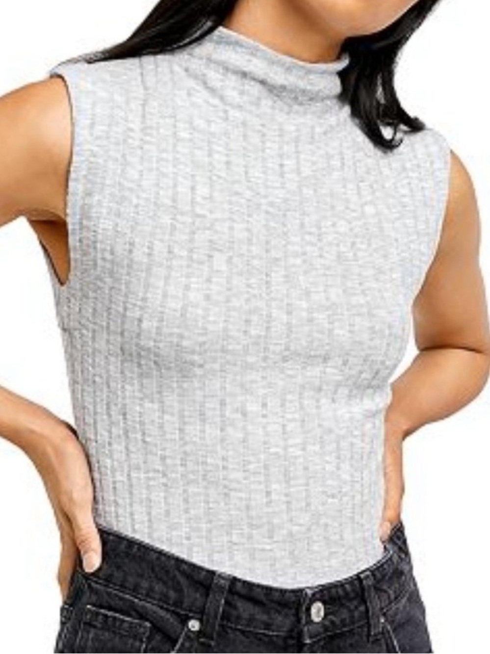 NWT Free People Babetown Gray Ribbed Mock‎ Neck Sleeveless Tank Sz L